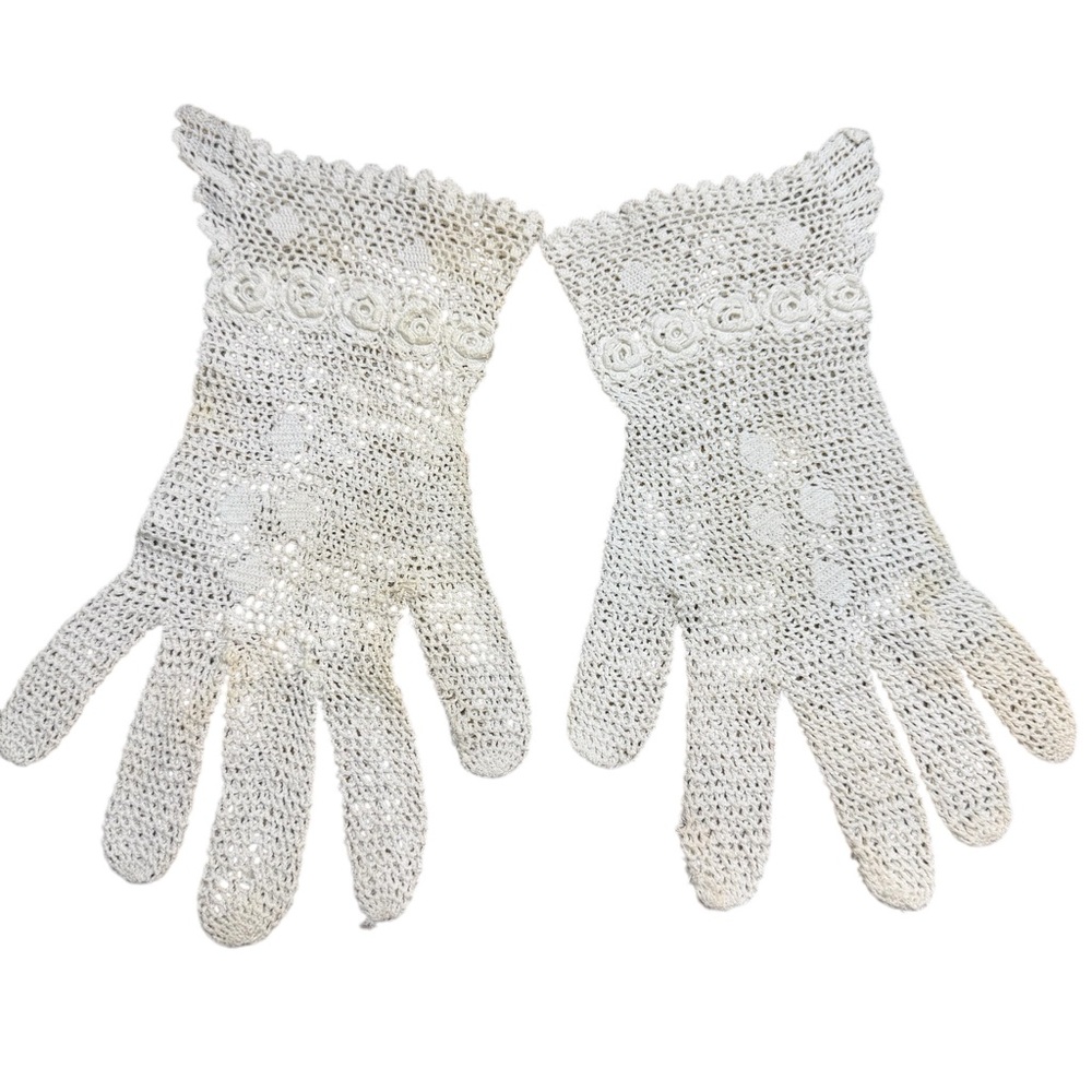 Antique Cream Crochet Lace Gloves Handmade Art Deco Victorian